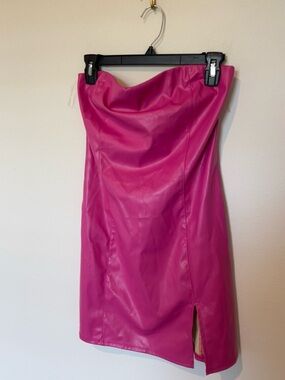 Timing Hot Pink Strapless Faux Leather Mini Dress